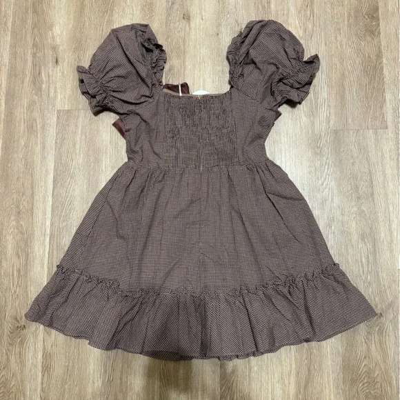 NWT Storia Brown Gingham Puff Sleeve Mini Dress - Picture 3 of 3